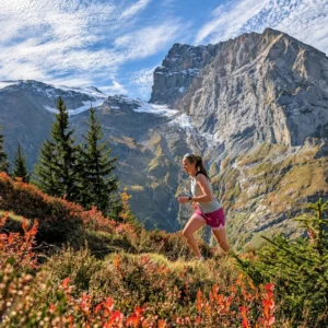 Trailrunnerin auf einem Bergweg vor Felswänden und Gletscher bei Engelberg