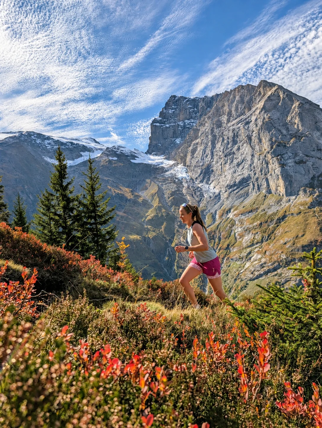 Trailrunnerin auf einem Bergweg vor Felswänden und Gletscher bei Engelberg